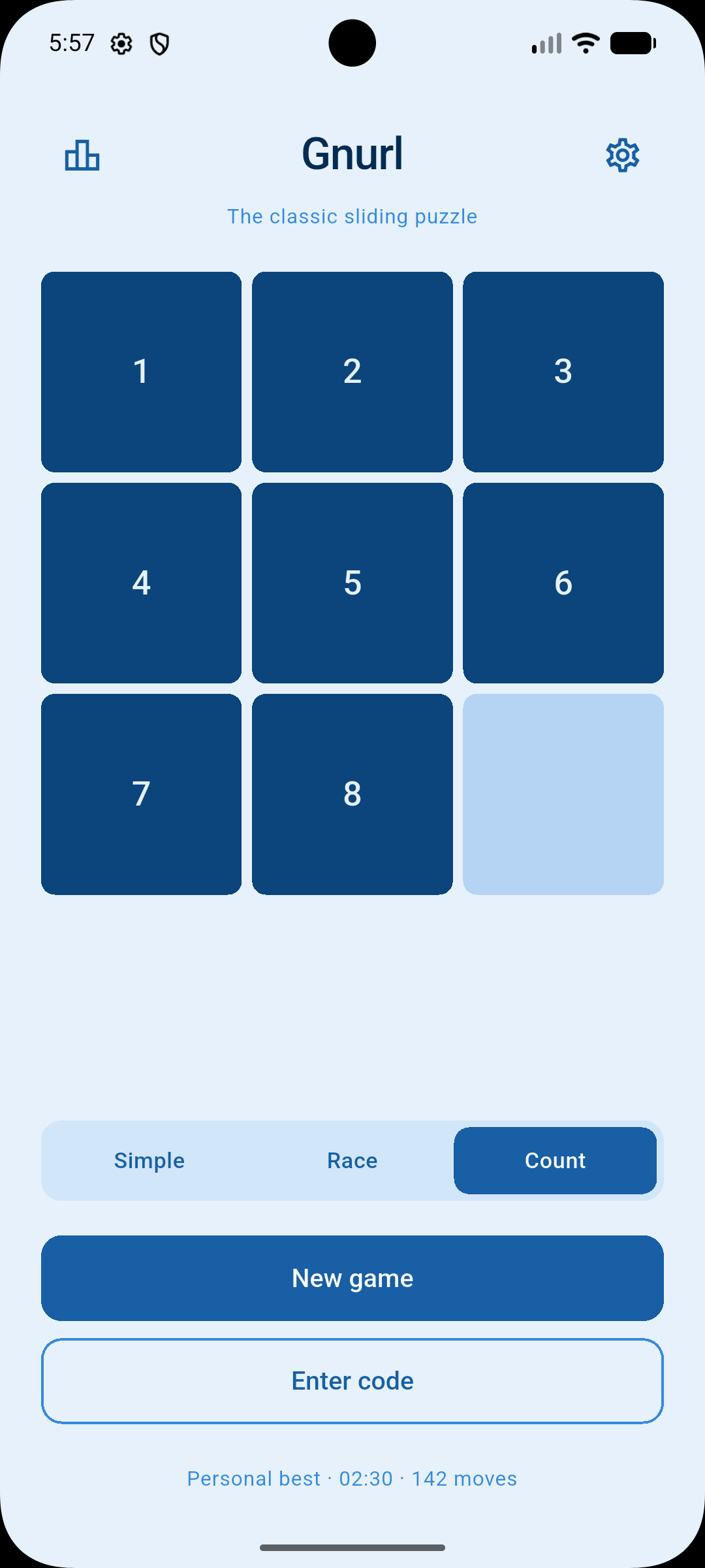 Gnurl home screen showing a 3×3 sliding puzzle in Count mode with New game and Enter code buttons