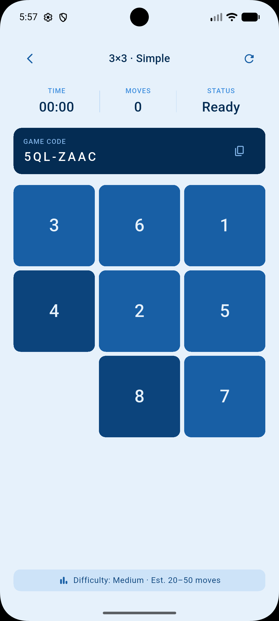 Gnurl active 3×3 puzzle in Simple mode showing game code 5QL-ZAAC with scrambled tiles ready to play