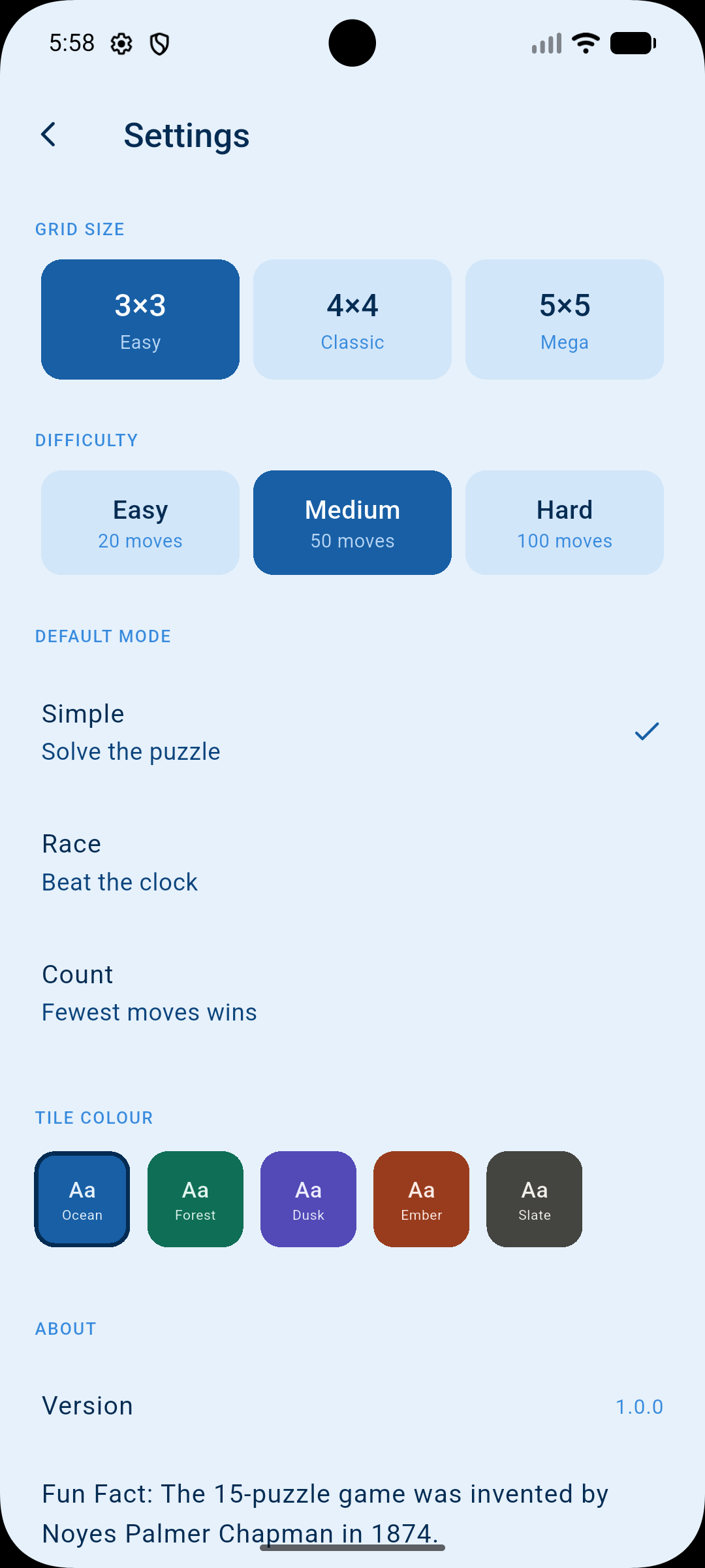Gnurl settings screen showing grid size, difficulty, game mode, and tile colour options